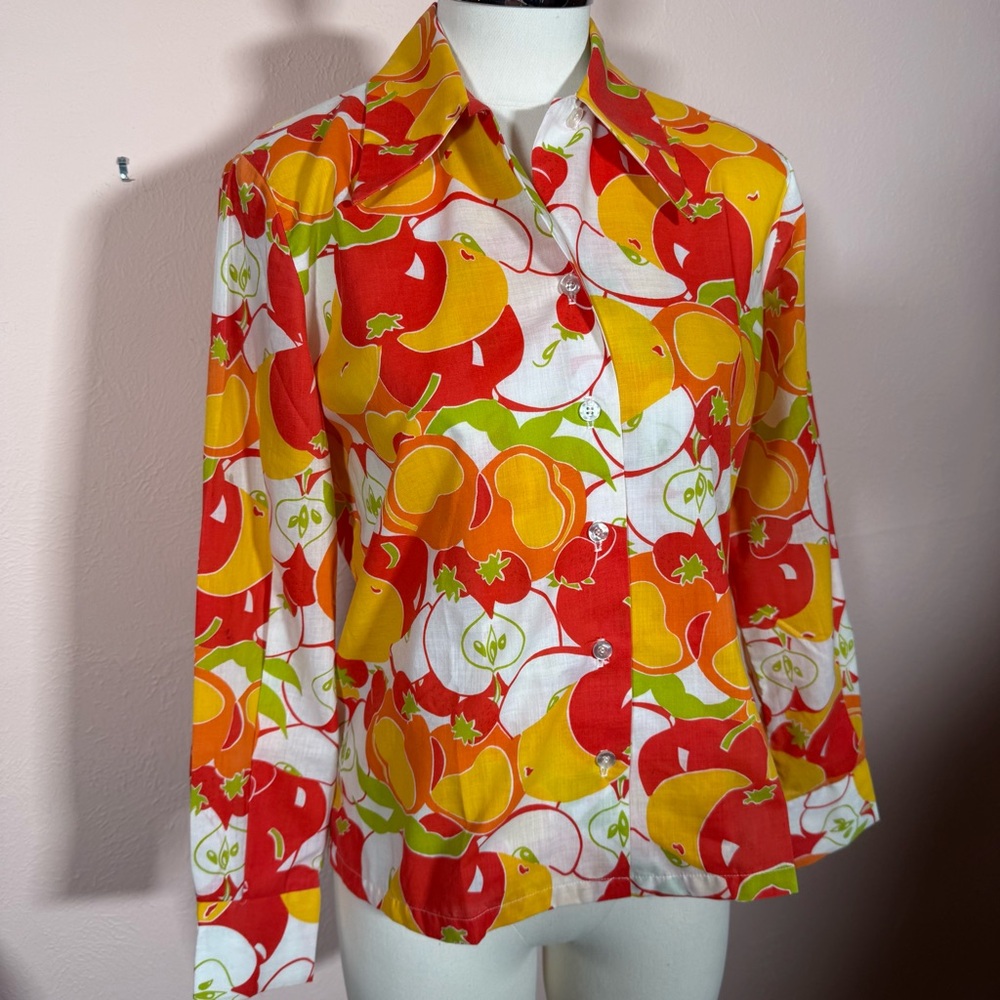 Vintage 1970's Fruit salad Apple Print Dagger button down shirt Ship'n Shore